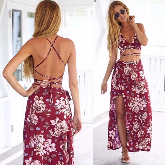 Strappy Backless Halter Top Wrap Skirt Set Floral - Picture 4 of 4